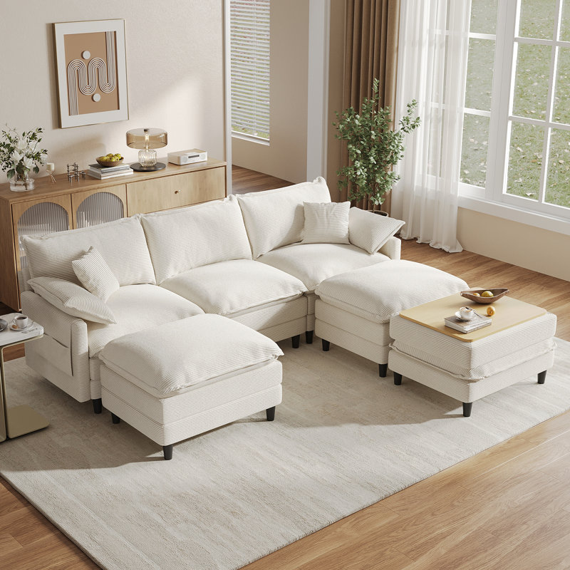 108'' Comfy U Shaped Sectional Modular 6-piece Cloud Sofa With 3 Ottomans Tool-free Easy Assembly Corduroy Fabric, Beige