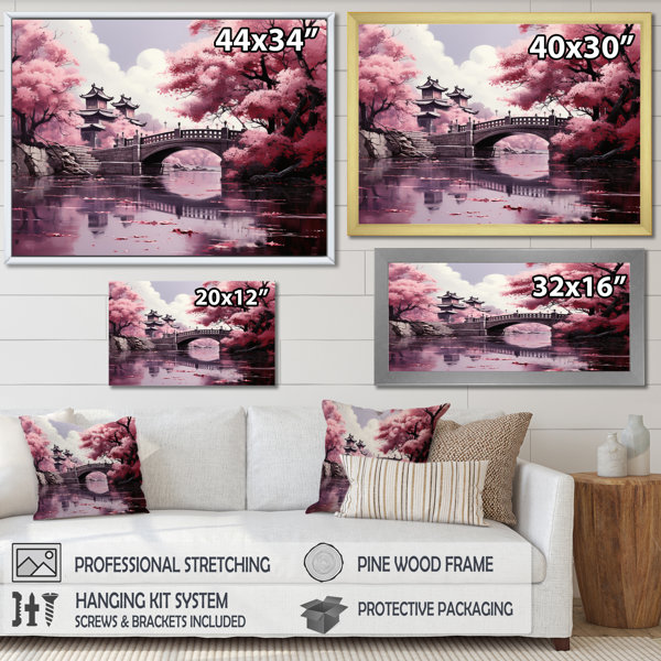 Red Barrel Studio® Japon Art Cherry Blossom Pink Bridge On Canvas Print
