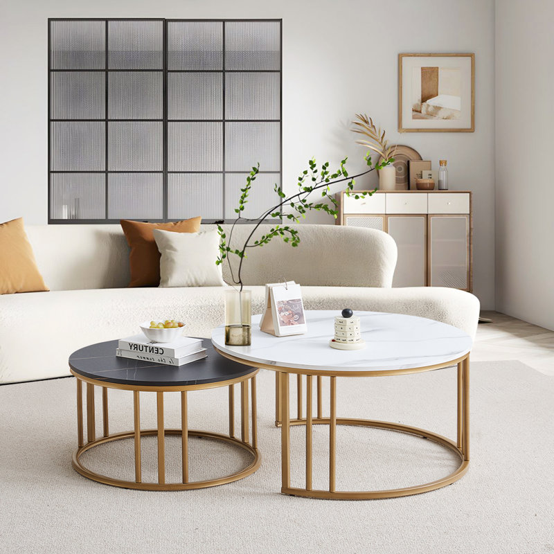 Coffee Table Set, Nesting Coffee Table,Stacking End Side Table With Golden Metal Frame, Black, White/Black