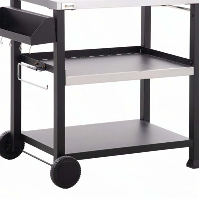 Chariot de barbecue extérieur à trois tablettes avec plateau en acier inoxydable, poignée latérale, support de four à pizza multifonctionnel 32 po x 20,5 po, table de préparation des aliments mobile sur roulettes, noir
