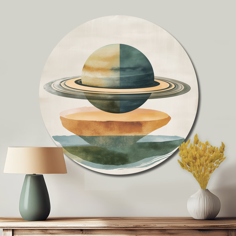 Saturn Rings Over Earth Tones - art mural rond en métal Planètes, L 16 po x H 16 po