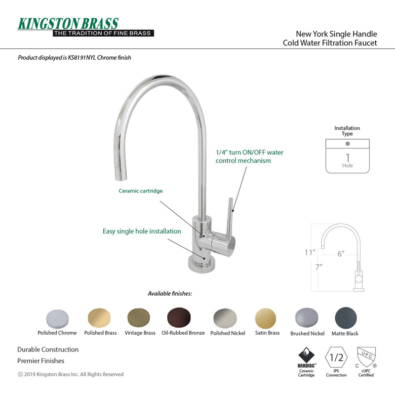 Kingston Brass New York Single-Handle 1-Hole Deck Mount Water Filtration Faucet, Polished Brass