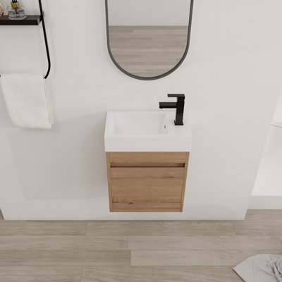 Meuble-lavabo mural avec lavabo simple en résine blanche et porte d'armoire à fermeture en douceur