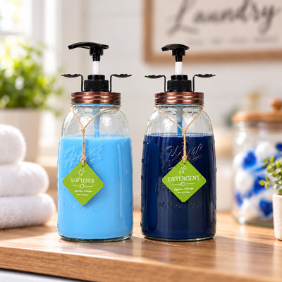 Glass Laundry Detergent Dispenser Set of 2, 50 oz Refillable Bottles with  Pumps and Detergent & Softener Tags