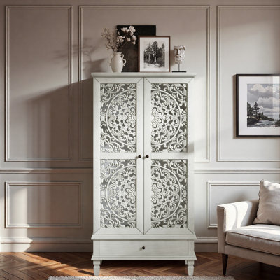 Vintage Pantry Cabinet With Drawer, 2 Hollow-carved Doors And Wood Legs by World Menagerie
