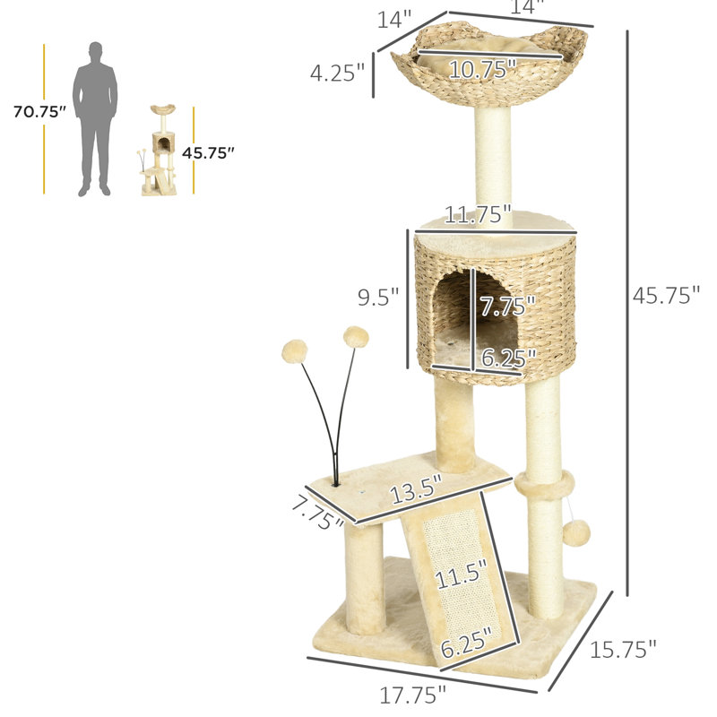 Arbre à chat pour chats curieux - 45 po avec poteaux à griffes, rampe, plateformes, lit en structure d'escalade beige d'intérieur