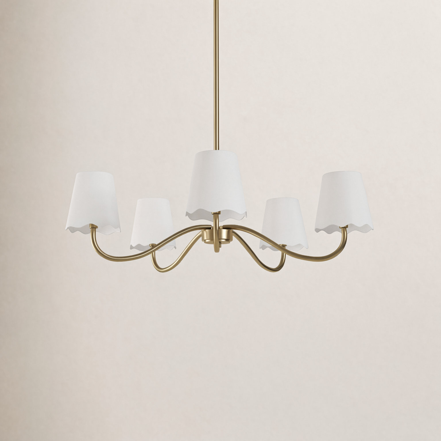 Wrought Iron 5-Light Chandelier, Polished Brass, White 