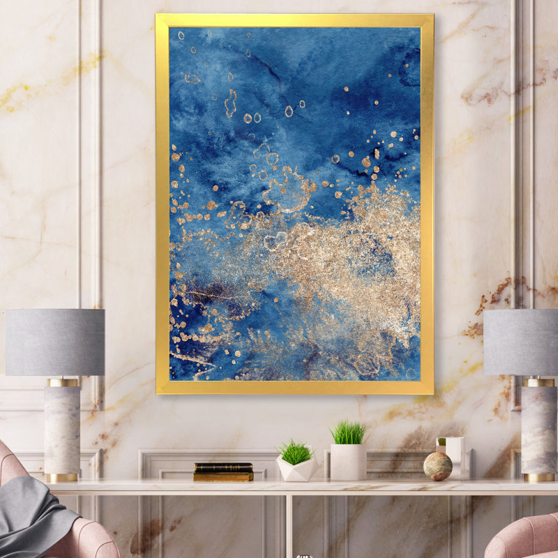Abstrait classique bleu et or II - peinture sur toile, H 44 po x l 34 po, Cadre doré à coins fermés