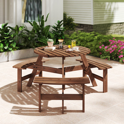 Ensemble de table de pique-nique 6 personnes avec 3 bancs intégrés et 2 trous pour parasol