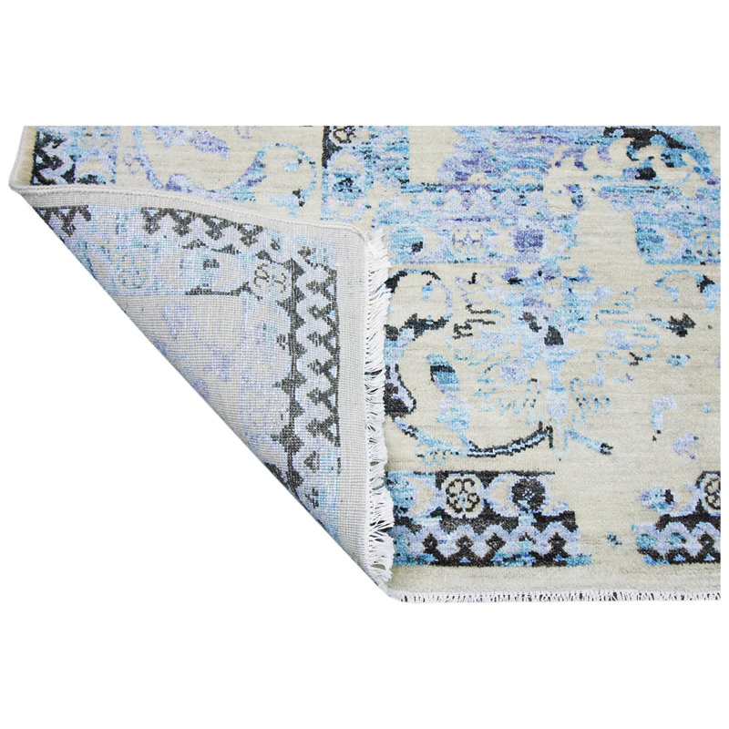 Tapis argenté / turquoise / noir noué à la main de haute qualité, Rectangle 9 pi x 12 pi