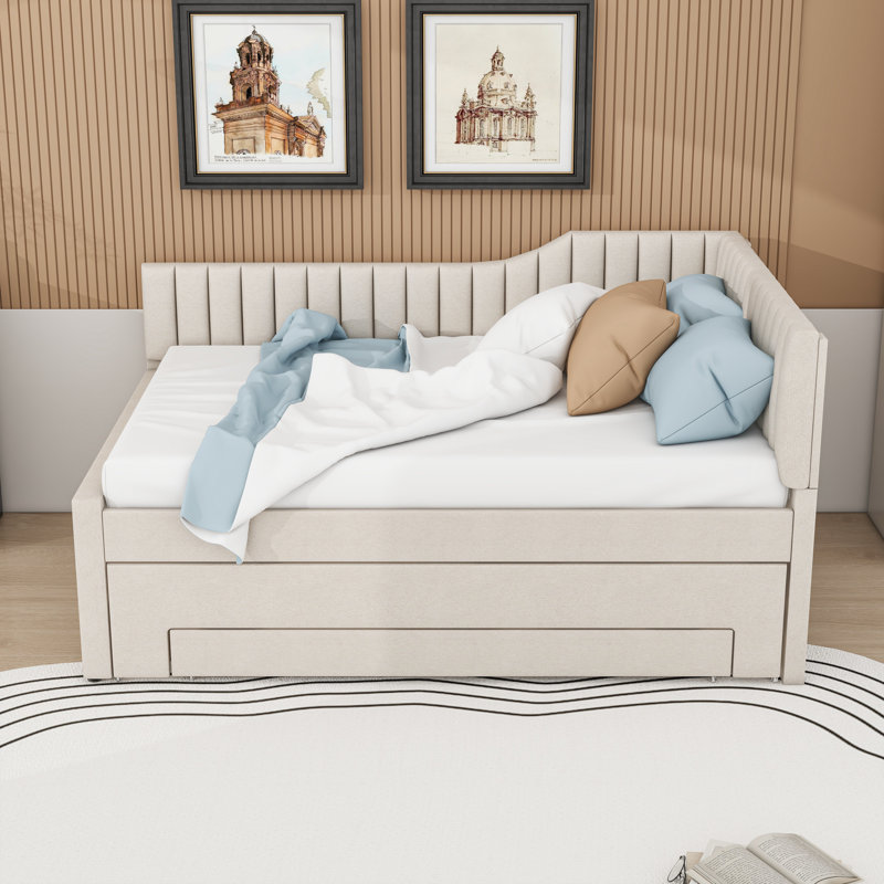 Upholstered Daybed with Trundle and Drawers, Beige, Full/Double