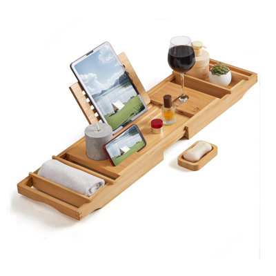 DIDADI extensible jusqu'à 41 pouces avec porte-livres, porte-savon et coussinets antidérapants pour spa de luxe, plateau de baignoire en bambou - naturel