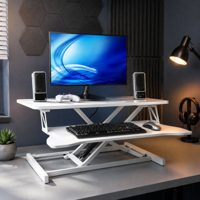 Height-Adjustable Sit-Stand Desk Converter, White Two-Tier Workstation for Home Office