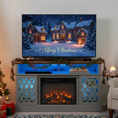 Maritsa TV Stand For TVs Up To 75" With Electric Fireplace Included, Farmhouse TV Console & Entertainment center with LED Lights for Living Room, Bedroom