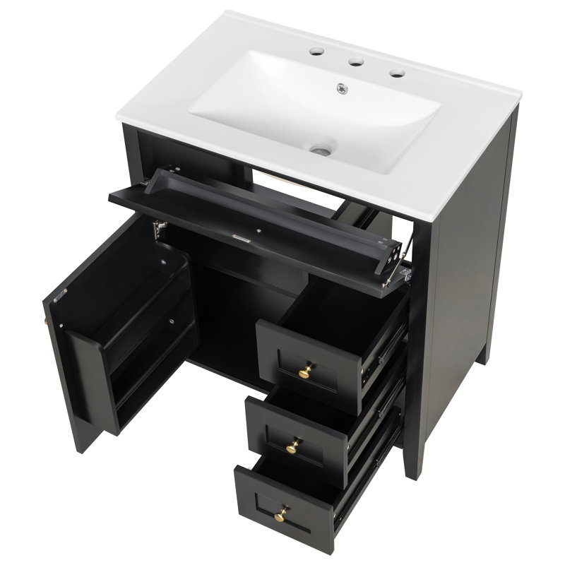 Meuble-lavabo de salle de bain moderne 30 po avec lavabo en céramique, armoire en bois d'hévéa et panneau de fibres à densité moyenne avec tiroir basculant (noir / blanc / gris / vert)