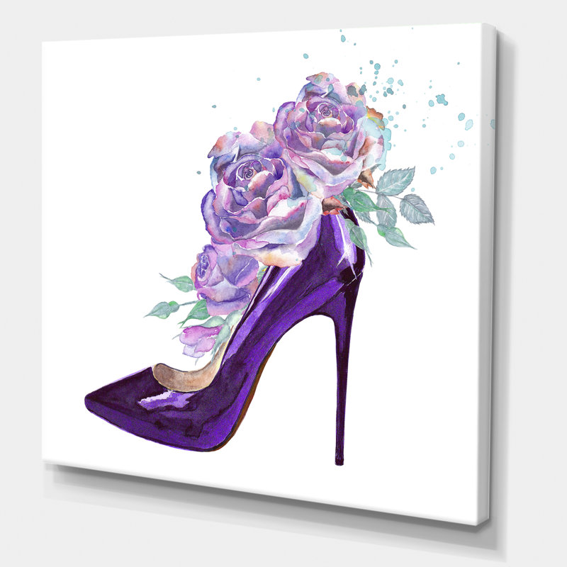Chaussure de stiletto mauve foncé avec roses roses et violettes - peinture sur toile tendue, H 36 po x l 36 po x 1,5 po