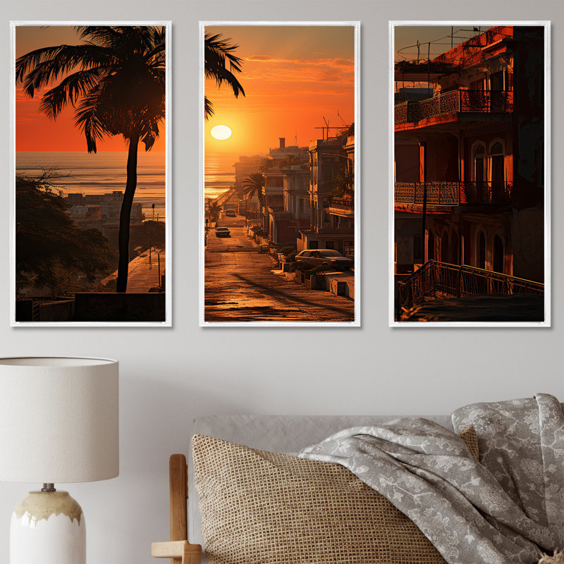 Ensemble de salon Havana Sunset Panorama II - Cuba Wall Art, Cadre flottant blanc, H 32 po x l 48 po x P 1 po