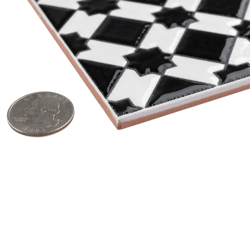 Sevillano Giralda 8" x 8" Ceramic Patterned Tile, Black/White