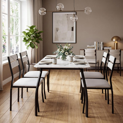 5-Piece Modern Dining Table Set for 4, Engineered Wood & Metal Dining Set with Cushioned Chairs, Chamfered Edge Space-Saving Kitchen Dining Furniture
