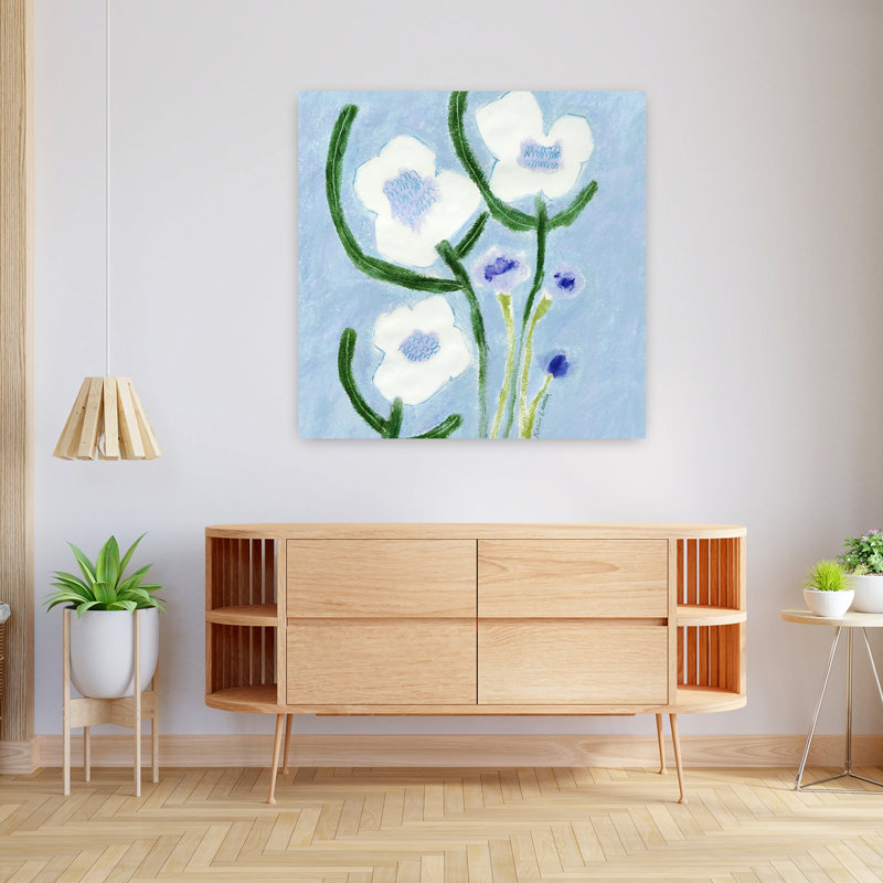 «Hello White Flowers», art mural contemporain fantaisiste, H 36 po x l 36 po