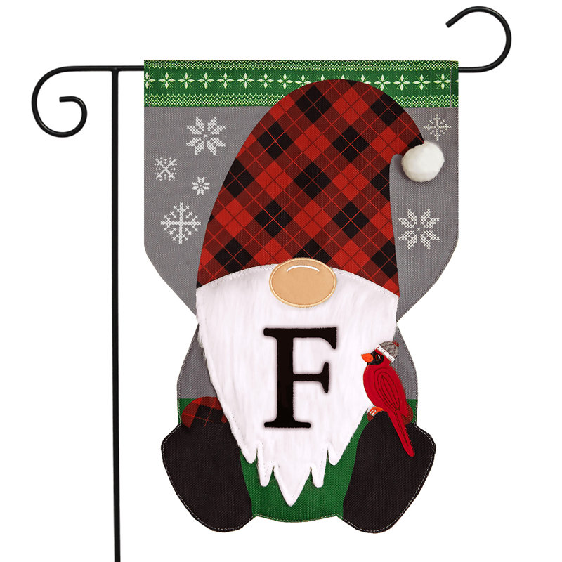 Gnome d'hiver, monogramme de la lettre F, drapeau de jardin