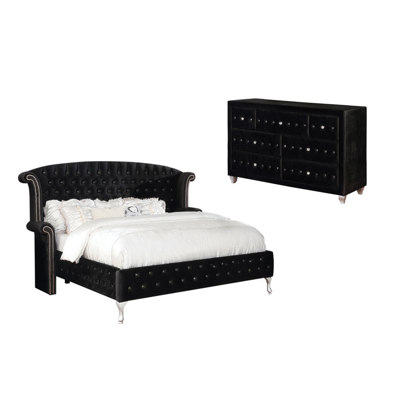 Ensemble de chambre à coucher rembourrée 2 pièces avec commode Mikrut, Très grand, Noir