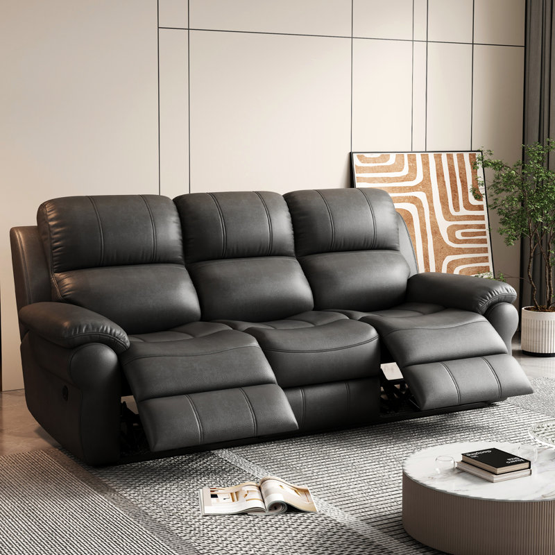 3 Reclining With Breathable Fabric In Gray, Drop Down Table & Wireless Charging Port , Table, Button - Gray