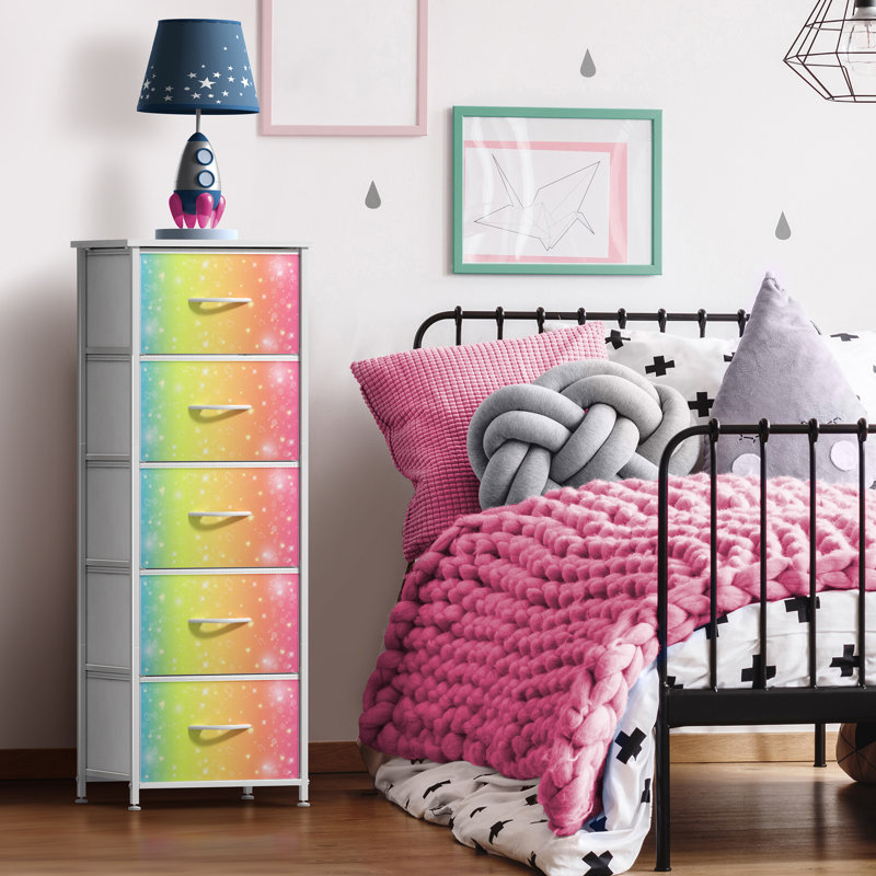 Narrow 5 Drawers Nightstand with Steel Frame, Wood Top, & Fabric Bins, Stars