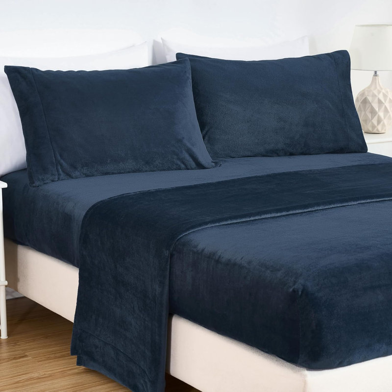 Soft Fleece Sheet Set, Full Sheet Set with 2 Pillowcases, Navy