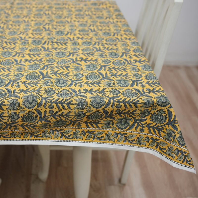 Housse de table moutarde à motif floral imprimé à la main, Jaipuri Jaal, jaune, L 72 po x L 118 po