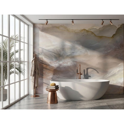 Papier peint mural effet pierre d'agate | Papier peint abstrait effet marbre taupe et rose poudré | Intissé ou adhésif