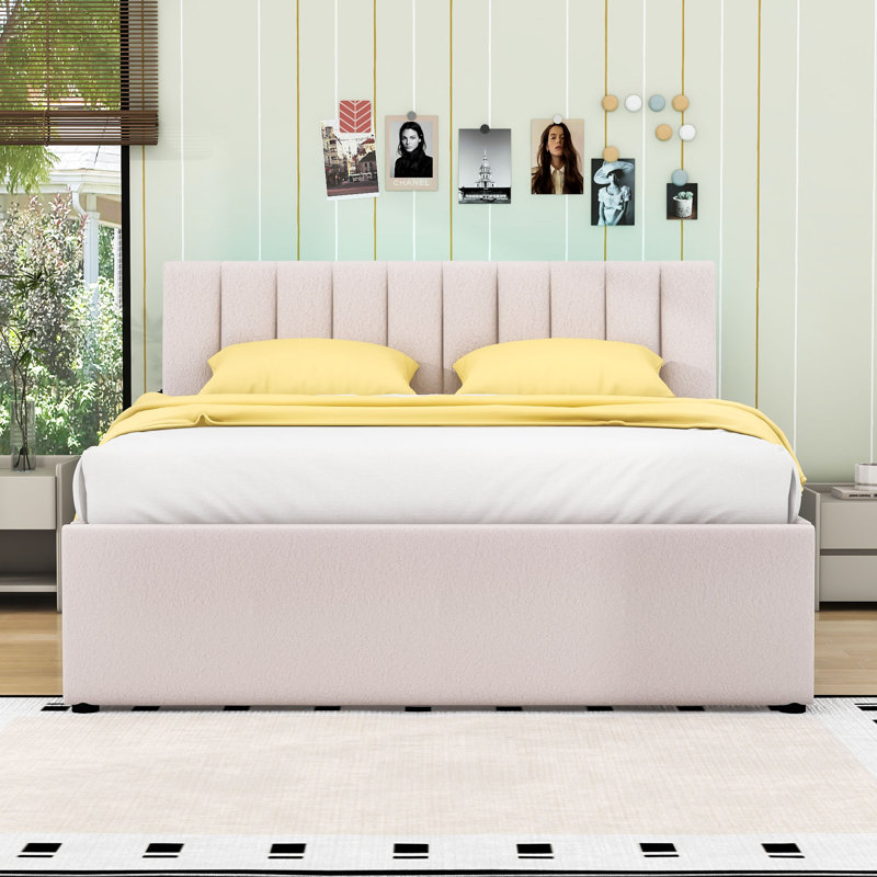Lit plateforme tapissier Teddy avec lit gigogne simple et lumières DEL, Beige, Grand lit