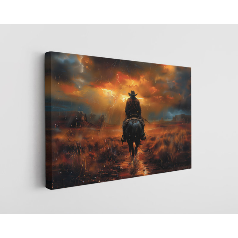 «Lone Cowboy Riding His Horse Under Rain», impression sur toile murale moderne pour la maison et le bureau, H 16 po x l 24 po