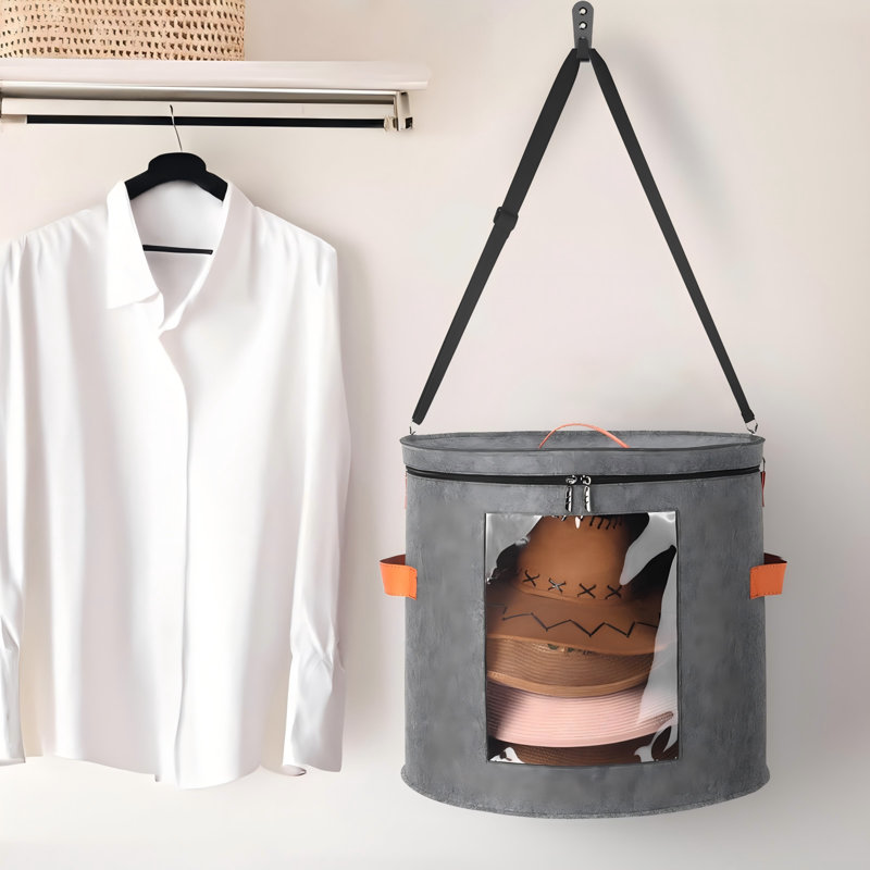 Oversized Hat Storage Box,19" D X 17" H Cowboy Hat Boxes With 1 Wood Hook Felt Travel Round Hat Organizer Box With Dustproof Lid (Gray)