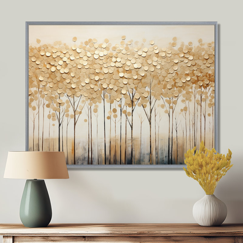 Minimalisme Golden Trees Harmony sur toile, H 12 po x l 20 po x P 1 po, Encadrement argenté