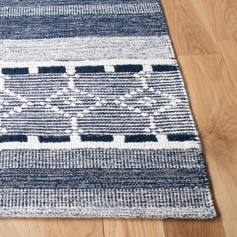 Tapis bleu marine / ivoire tissé à plat à la main Adalyn, Rectangle de 3 pi x 5 pi