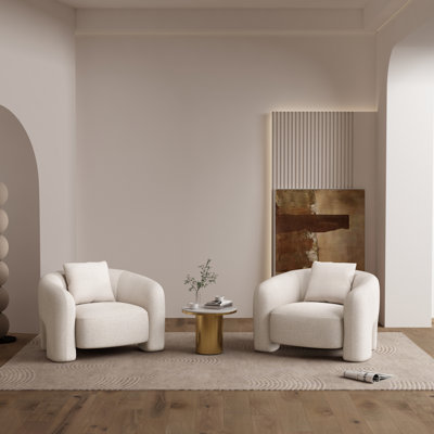 Chaise d'appoint rembourrée en bois de pin avec coussin décoratif ivoire Sylvia Modern Glam Tweed