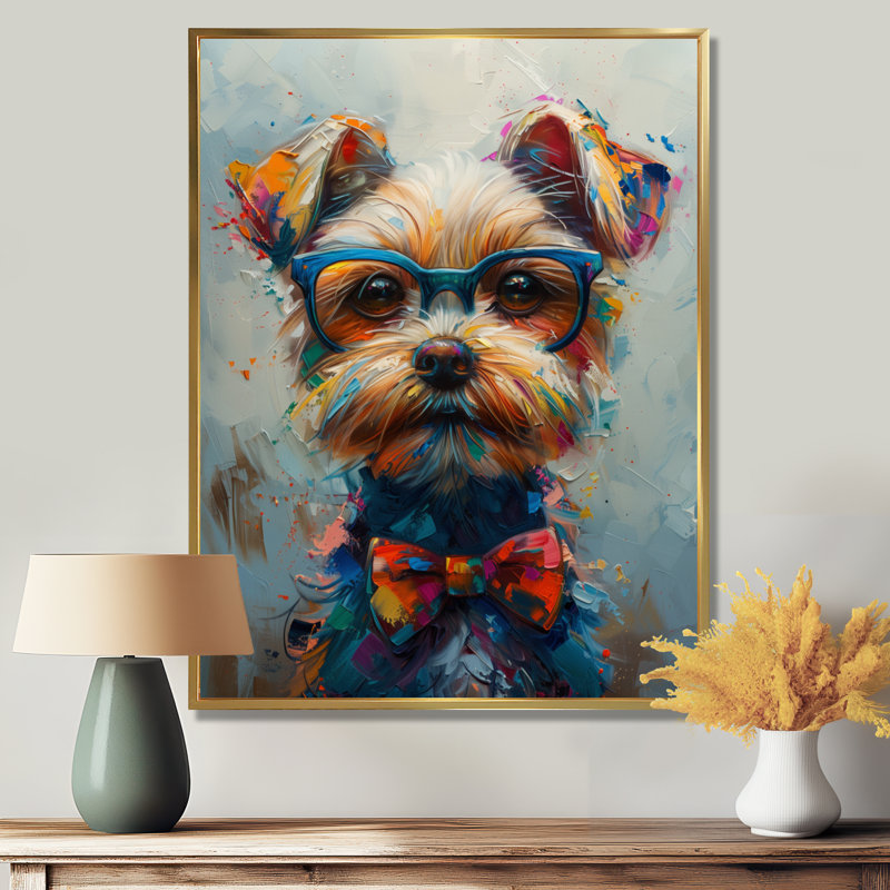 Rose curieux et gris Shih Tzu avec lunettes IV - art mural chien, Cadre flottant doré, H 12 po x l 20 po