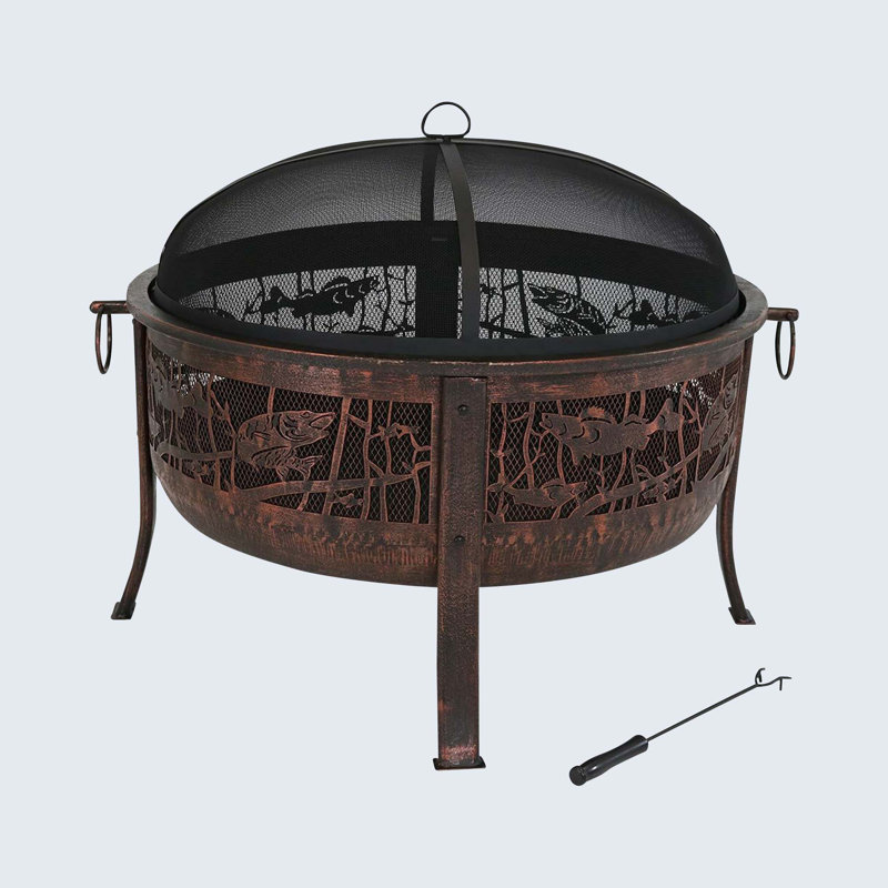 Beahr Fishing 30" Bronze Finish Steel Fire Pit with Spark Screen and Poker
