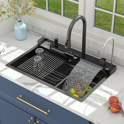 Évier de cuisine à affichage numérique en acier inoxydable de 30 po x l 19 po avec station de travail encastrable 16 po avec accessoires