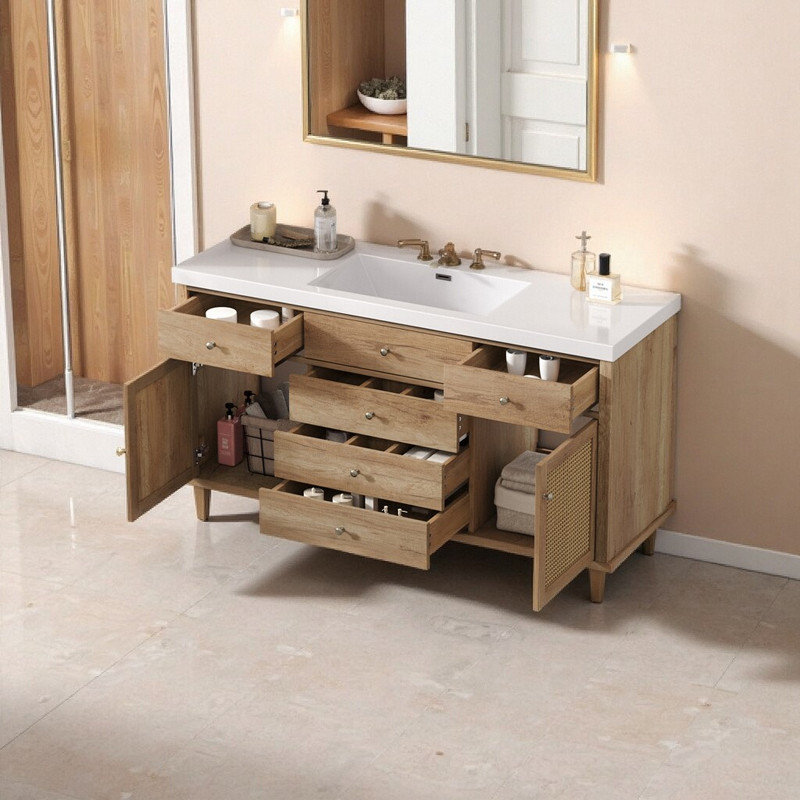 Meuble-lavabo moderne de 60 po avec lavabo pleine largeur, armoires en rotin et rangement à fermeture en douceur, Brun