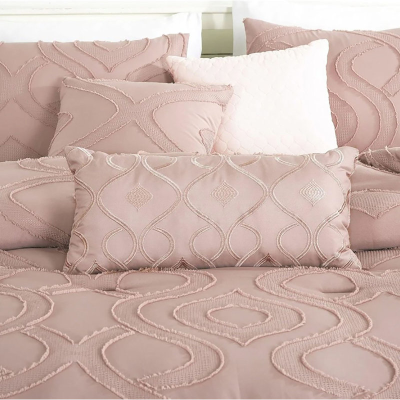 7 Piece Blush Pink Geometric Bedding Comforter Set, Queen Comforter + 6 Additional Pieces Included