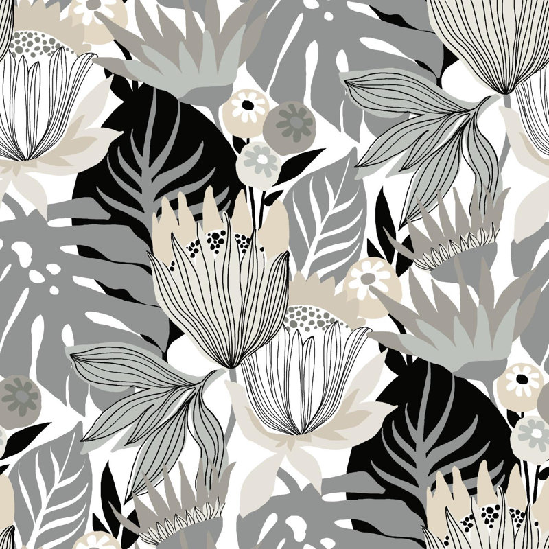 Rouleau de papier peint lisse et colle 2 pi x l 18 po leaves, Gris / Beige