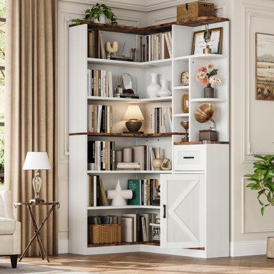 Bibliothèque d'angle de 188 cm de haut - Bibliothèque en forme de L avec tiroir et placards, tablette de rangement à 6 niveaux avec étagères ouvertes, étagère moderne pour salon, bureau ou chambre à coucher