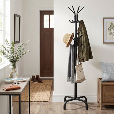 Freestanding Coat Rack, Steel Hat Tree Stand with Hooks and 4 Legs