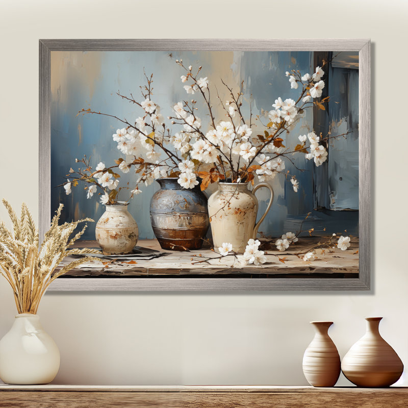 Art mural de poterie et de fleurs nature morte I, H 30 po x l 40 po, Cadre simple noir, Argent argent