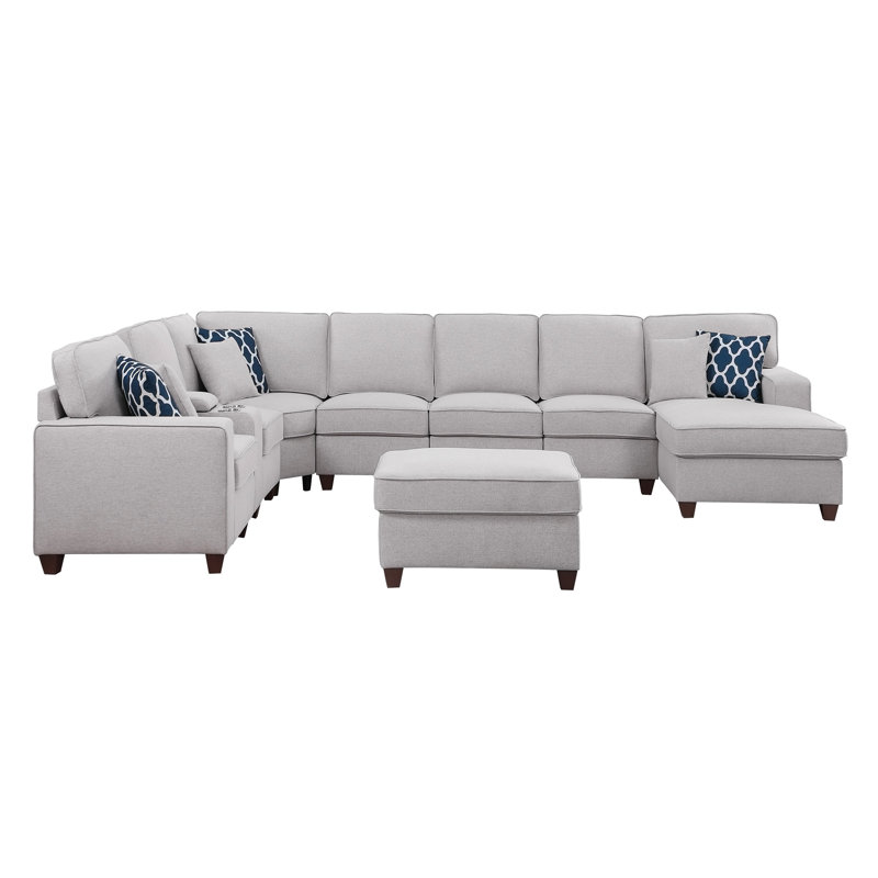 Canapé modulaire avec repose-pieds 9 pièces Eric, Lin gris pâle