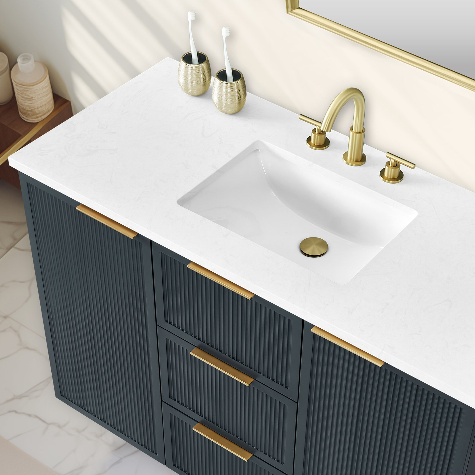 Aderyn 48" Pine Single Bathroom Vanity, Vintage Blue/Brushed Bronze