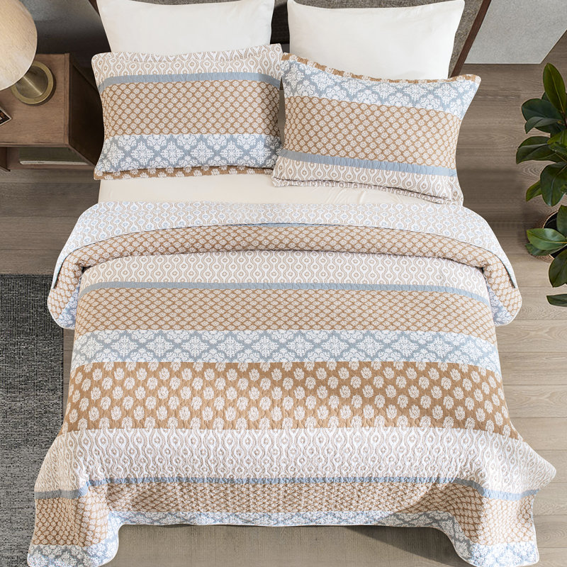 Ensembles de courtepointe 100% coton 98 po x 106 po DDUOXIN - 1 courtepointe avec 2 taies décoratives, Brun / Gris