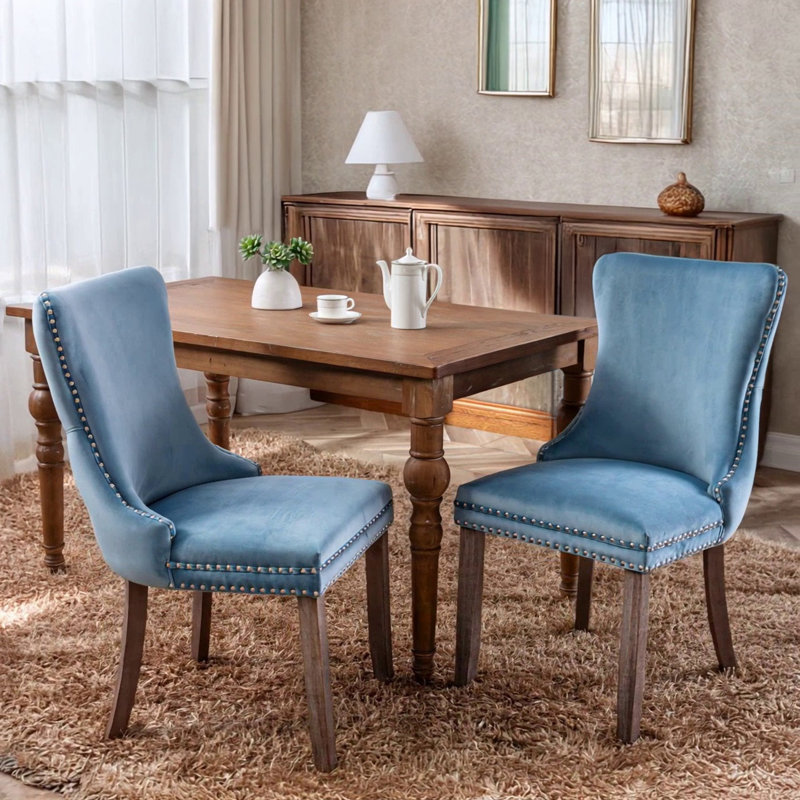 Upholstered Wing-Back Dining Chair With Backstitching Nailhead Trim And Solid Wood Legs, Light Blue Velvet